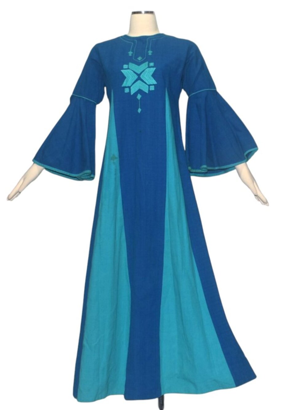 Vintage 70s Diseno Josefa Mexico Cotton Maxi Dress Blue Turquoise Bell Sleeve S